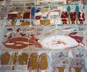 Voorzieningen en aardewerk aangeboden aan de goden door Koningin Hatsjepsoet, geschilderd reliëf, Kapel van Anubis, Dodentempel van Koningin Hatsjepsoet, ook bekend als Djeser-Djeseru, Deir el-Bahri, Thebe door Egyptian 18th Dynasty