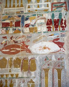 Voorzieningen en aardewerk aangeboden aan goden door Koningin Hatsjepsoet, geschilderd reliëf, Kapel van Anubis, Dodentempel van Koningin Hatsjepsoet, ook bekend als Djeser-Djeseru, Deir el-Bahri, Thebe. Egyptische beschaving, Nieuwe Rijk, Dynastie XVIII door Egyptian 18th Dynasty