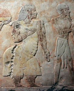Koningin van Punt, detailscène die expeditie naar Land van Punt afbeeldt, geschilderd reliëf, colonnade van Punt, dodentempel van Hatsjepsoet, Deir el-Bahari, necropolis van Thebe (UNESCO Werelderfgoedlijst) door Egyptian 18th Dynasty