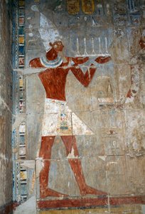 Scène met koningin die een offer brengt, zuidoostkamer, oostmuur, bovenhof, Dodentempel van Hatsjepsoet, Deir el-Bahari, Thebaanse Necropolis (UNESCO Werelderfgoedlijst) door Egyptian 18th Dynasty