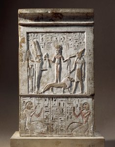 Syria, Kadesh, Stele aangeboden door Huy, ambachtsman van de Vallei der Koningen: schenker aanbidt Godin Kadesh en God Rechep