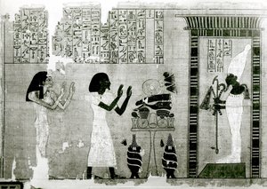 De overledene vergezeld door zijn zus gaan eer betuigen aan Osiris (detail)