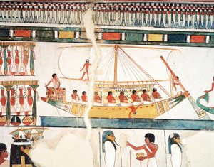 Het zonnevaartuig, detail van de pelgrimstocht naar Abydos, fresco, noordmuur, lange eetkamer, Thebaanse graf TT69, Sheikh Abd el-Qurna, Thebe (Unesco Werelderfgoedlijst) door Egyptian 18th Dynasty