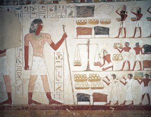 Het wegen van koper, fresco, graf van Userhat, leraar en schrijver tijdens het bewind van Amenhotep II, ook bekend als graf TT56, Sheikh Abd el-Qurna, Thebe (Unesco Werelderfgoedlijst) door Egyptian 18th Dynasty