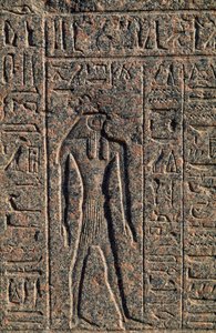 Afbeelding van Horus, detail van inscriptie en reliëf van Thoth en Horus, sarcofaag van Amenhotep, Memphis (Unesco Werelderfgoedlijst) door Egyptian 19th Dynasty