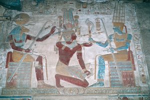 Egypte, Abydos, Tempel van farao Seti I, Osiris kapel, geschilderd reliëf