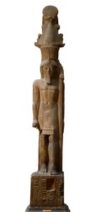 Egyptische oudheid: standbeeld van Farao Sethi II (Seti of Sety) (1200-1194 v.Chr.) van de 19e dynastie in roze gres, het draagt een scepter met het symbool van de god Amon door Egyptian 19th Dynasty