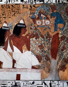 Godin Isis, verschijnend aan Sennedjem en zijn vrouw in heilige sycamore, Graf van Sennedjem, ook bekend als TT1 graf, daterend uit het bewind van Ramses II, Deir el-Medina, Thebaanse Necropolis, Egyptische beschaving, Nieuwe Rijk, Dynastie XIX