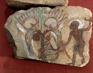 Ostrakon dat een aap toont die dadels plukt, bekeken door een jonge man uit Egypte, West-Thebe, Deir el-Medina door Egyptian 19th Dynasty
