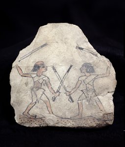 Ostrakon met twee vechtende mannen met stokken, uit Deir El-Medina, Nieuwe Rijk