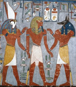 Ramses I tussen Horus en Anubis, fresco, grafkamer, Tombe van Ramses I, Vallei der Koningen, Thebe door Egyptian 19th Dynasty