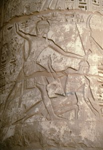 Ramses houdt zijn Aziatische vijanden bij hun haar terwijl hij zich voorbereidt om hen te doden, reliëf, Tempel van Seti I, Kanais, Egypte, Egyptische beschaving, Nieuwe Koninkrijk, Dynastie XIX