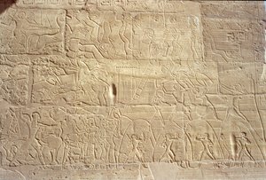 Reliëf dat Egyptische troepen toont die de Hettitische stad Dapur bestormen, uit de Grote Hypostyle Hal, Nieuwe Koninkrijk, c.1297-1185 v.Chr. door Egyptian 19th Dynasty