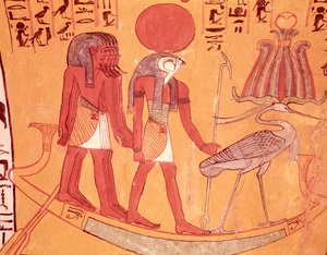 Zonnebark met Re-Horakhty, de benuvogel en vier andere goden, uit het graf van Sennedjem