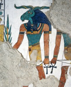De boodschapper met een ramshoofd, derde deur van het Koninkrijk van Osiris, hoofdstuk 144 van het Dodenboek, fresco, grafkamer, Graf van Nefertari (QV66), Vallei der Koninginnen, Thebe. Egyptische beschaving, Nieuwe Koninkrijk, Dynastie XIX.