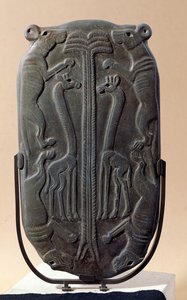Palet met vier honden en twee giraffen met een palmboom, Thinite Periode (schist)