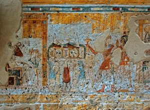 Egyptische oudheid: voorstelling van Shuroy en zijn vrouw die de god Osiris aanbidden, zittend voor de vier zonen van Horus in een papyrusblad. Schildering van het graf van Shuroy (TT13). 20e dynastie. 1190-1077 v.Chr. Necropolis van Dra Abu el-Naga, Westo door Egyptian 20th Dynasty