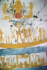 Re in de Nachtboot, uit het Graf van Ramses VI, Nieuwe Koninkrijk (c.1145-1137 v.Chr.) door Egyptian 20th Dynasty