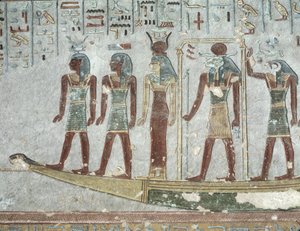 Reliëf met Khnum in een begrafenisbark die door de onderwereld vaart, uit het graf van Ramses III