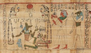 Detail uit het Dodenboek van de priester Aha-Mer die Anubis toont die het hart van de overledene weegt tegen de Veer van de Waarheid