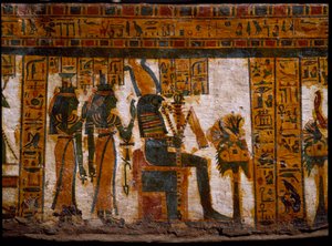Egyptische oudheid: de godheden Isis en Nephtys aanbidden Osiris. Ze houden sleutels van het leven in de vorm van een kruis (Ankh). Decoratie van de antropoïde sarcofaag van de schrijver Butehamon, 21e dynastie (1085-935 v.Chr.). Museum van Egypte in Turij