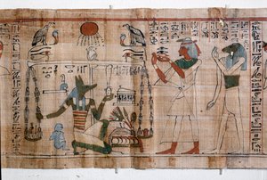 Egyptische antiquiteit: psychostase (wegen van zielen). papyrus van een Dodenboek. Papyrus van de 21e dynastie