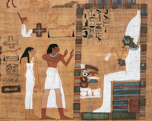 Papyrus die man en vrouw toont voor het hof van Osiris