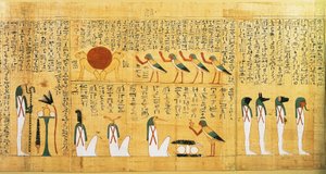 Mythologisch papyrus van Imenemsauf, Hoofddrager van Amon. Detail: hymne aan de zon afgebeeld als twee leeuwen