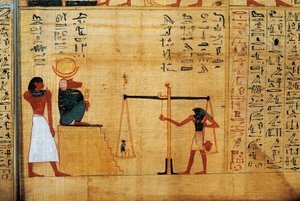 Mythologisch papyrus van Imenemsauf, Hoofddrager van Amon. Detail: wegen van de ziel voor de baviaangod Thoth