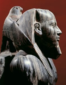 Egyptische beschaving, Oude Koninkrijk, Dynastie IV. Dioriet standbeeld van farao Khafre (Chephren). Uit Giza