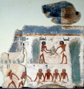 Egyptische oudheid: begin van de zomer. Vogels worden gedood door twee boeren. Detail van een beschilderde kalkstenen fresco uit de zonnetempel van Abu Gurob. Berlijn, Egyptisch Museum