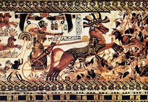 Egyptische grafmuurschildering die een gevechtsscène uitbeeldt