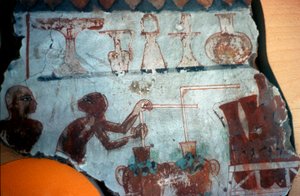 Fragment van een muurschildering oorspronkelijk uit Thebe, die twee mannelijke figuren toont die voedselproducten in vloeibare vorm bereiden of bottelen, 1540-1479 v.Chr. (muurschildering) door Egyptian Egyptian