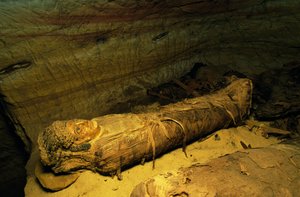 Mummie, Vallei van de Gouden Mummies, Bahariya Oasis, Gizeh, Egypte. Egyptische Beschaving