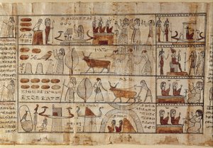 Egyptische oudheden: de Elyseese velden. Schilderij op papyrus uit het Dodenboek. Ptolemaeïsche periode. Egyptisch museum, Turijn