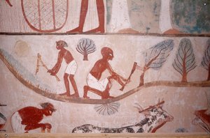 Scène van landbouw (maaien en hout hakken), uit het graf van Schrijver Menna, Egypte, Sheikh Abd el-Qurna, Vallei der Edelen