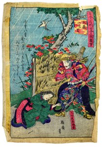 Militair commandant Doukan Mochisuke Oota in Japans Kerria bloemendorp, ca. 1875 (ingekleurd houtblok op Japans papier) door Eiichi Seisai