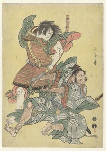 Asahina no Saburo in gevecht met Soga no Goro door Eishōsai Chōki