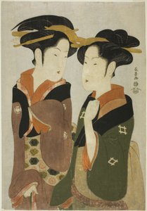 Kan, een serveerster van de Izutsuya, en de geisha Fuseya van de Ogiya door Eishōsai Chōki