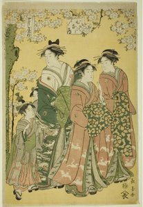 De courtisane Hinazuru van de Chojiya en haar bedienden door Eishōsai Chōki