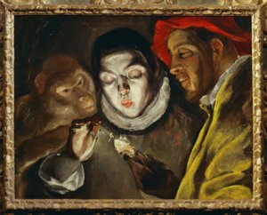 Aap, kaars aanstekende jongen en man door El Greco