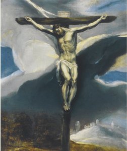Christus aan het kruis in een landschap door El Greco