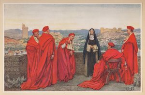 Sint-Catharina van Siena onderhandelt met paus Gregorius XI namens de Florentijnen. door Eleanor Fortescue Brickdale