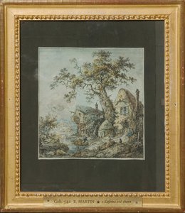 Landschaft mit Bauernhof oder Hütten bei der Eiche