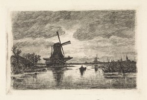 Landschap met twee molens en een roeiboot
