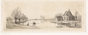 Rivierlandschap met een houten woning door Elias Stark