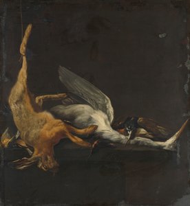 Stilleven met haas, reiger en andere vogels
