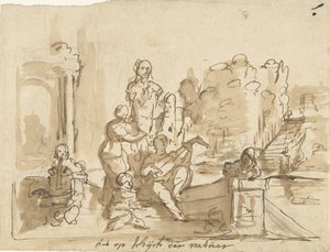 Allegorie met musicerende figuren in een tuin door Elias van Nijmegen