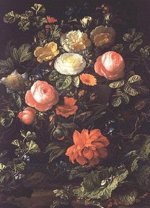 Stilleven met rozen, insecten en slakken