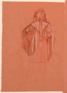 Tekening, studie van een figuur in een kostuum met capuchon, ca. 1885